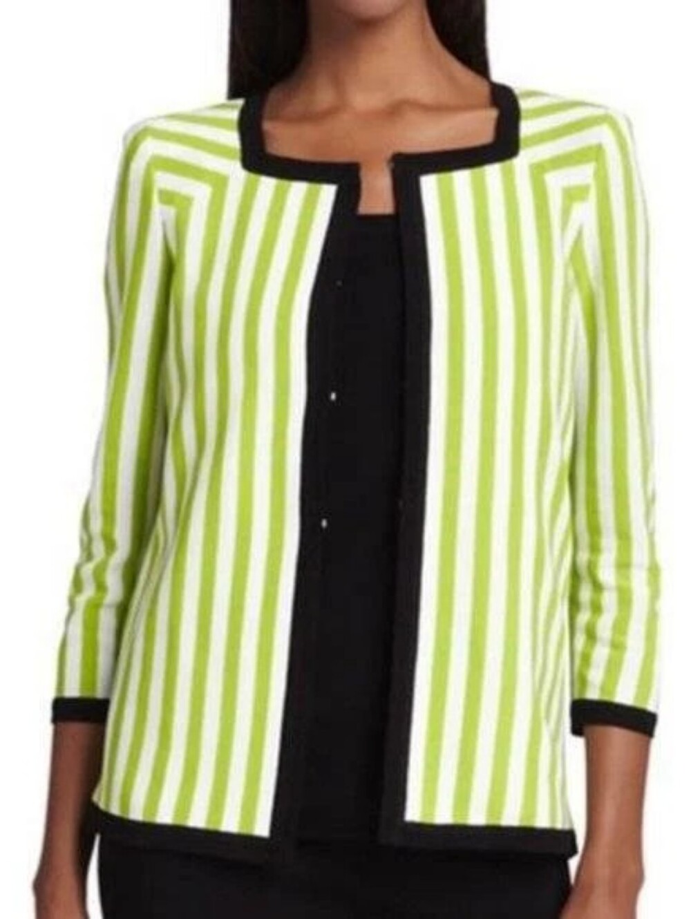 Exclusively Misook Lime Green White Striped Open Cardigan with Black Trim